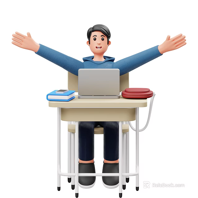 Man With Arms Outstretched Sitting At Desk With Laptop And Books 3d model 