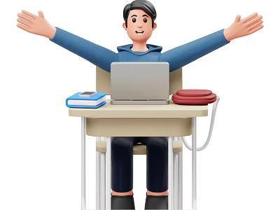 Man With Arms Outstretched Sitting At Desk With Laptop And Books 3d model