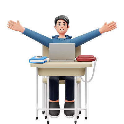 Man With Arms Outstretched Sitting At Desk With Laptop And Books 3d model