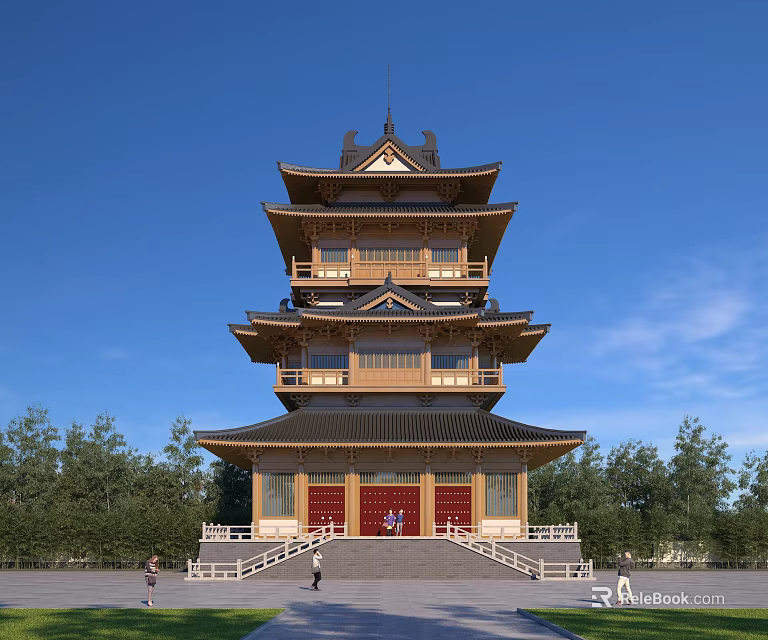 Traditional Chinese Ancient Architecture Pagoda With Multilayered Wooden Structure Under Clear Blue Sky 3d model 