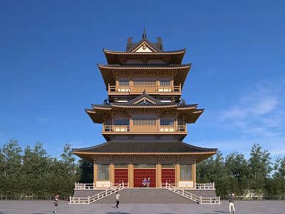 Traditional Chinese Ancient Architecture Pagoda With Multilayered Wooden Structure Under Clear Blue Sky 3d model