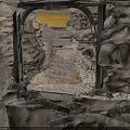 Ruined Stone Structure Interior With Metal Archway Broken Steps And Gravel Ground