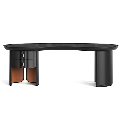 Modern Black Curved Office Desk With Drawers And Wooden Accent Legs 3d model