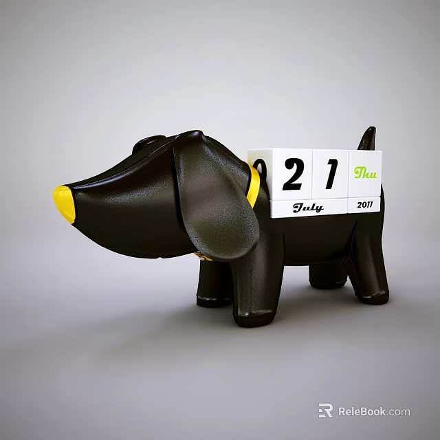 Decorative Black Dog Shaped Ornament Set With Yellow Collar And Calendar 3d model 