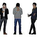 Three Men in Blazer Hoodie and Dark Coat Posing with Phone Hood Adjusting and Bottle