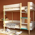 Wooden Kids Bunk Bed with Green Ladder Cozy Blanket Soft Mattress and Pillows