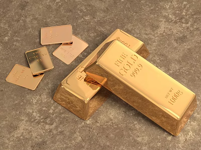 Precious Pure Gold Jewelry Featuring Shiny Gold Bars And Small Gold Pieces On Textured Surface 3d model
