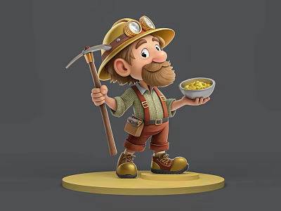 Miner Wearing Yellow Hard Hat Goggles Holding Pickaxe Bowl of Gold with Beard Overalls Boots 3d model