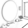 Stylish Round Gold Framed Bathroom Mirror with White Shelves Potted Plants And Gold Faucet