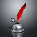Classic Silver Inkwell With Red Quill And Open Lid On Reflective Surface