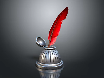 Classic Silver Inkwell With Red Quill And Open Lid On Reflective Surface 3d model