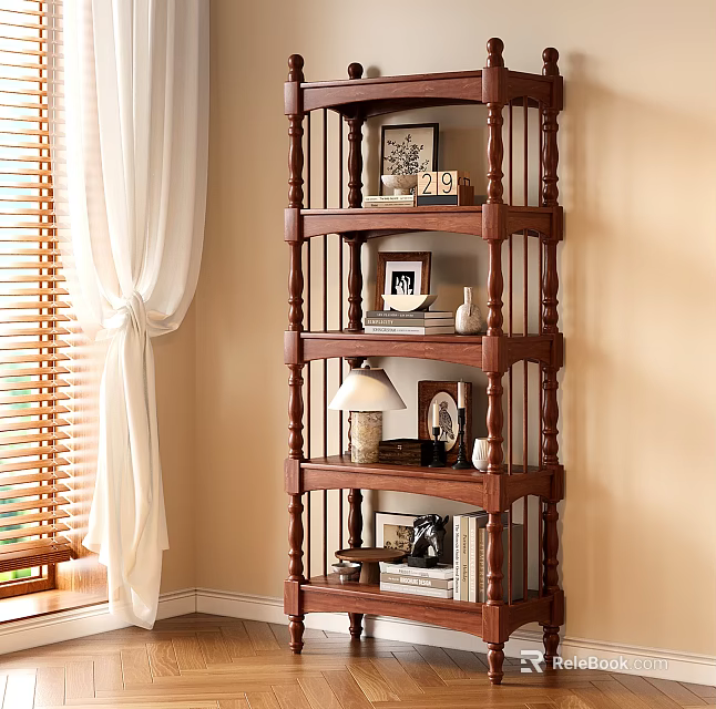 Carved Wooden Bookshelf in Cozy Room Corner with Photo Frames Table Lamp Books and Decorations 3d model 