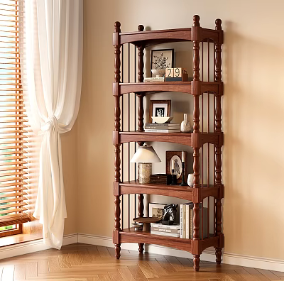 Carved Wooden Bookshelf in Cozy Room Corner with Photo Frames Table Lamp Books and Decorations 3d model