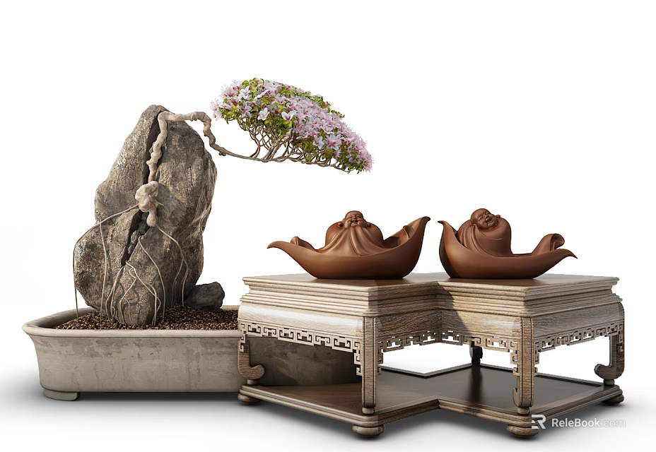 Bonsai Plant With Purple Flowers On Stone Base And Carved Wooden Table With Teapots 3d model 