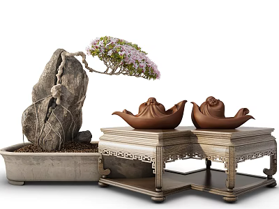 Bonsai Plant With Purple Flowers On Stone Base And Carved Wooden Table With Teapots 3d model