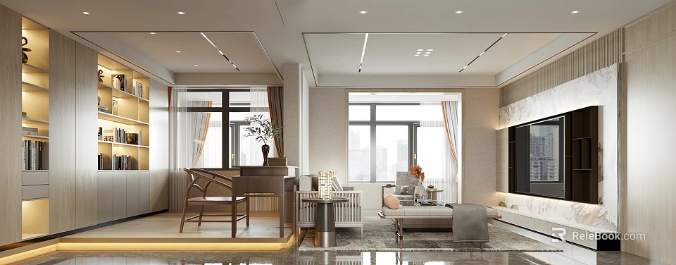 Modern Living And Dining Room Interior With Sofa Dining Table Windows And Decorative Plants 3d model 