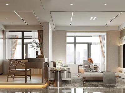 Modern Living And Dining Room Interior With Sofa Dining Table Windows And Decorative Plants 3d model