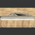 Modern Minimalist Double Bed With Wooden Headboard Light Colored Sheets And Metal Legs