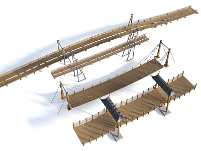 Different Wooden Bridge Designs With Rope Supports And Wooden Walkway Structures 3d model