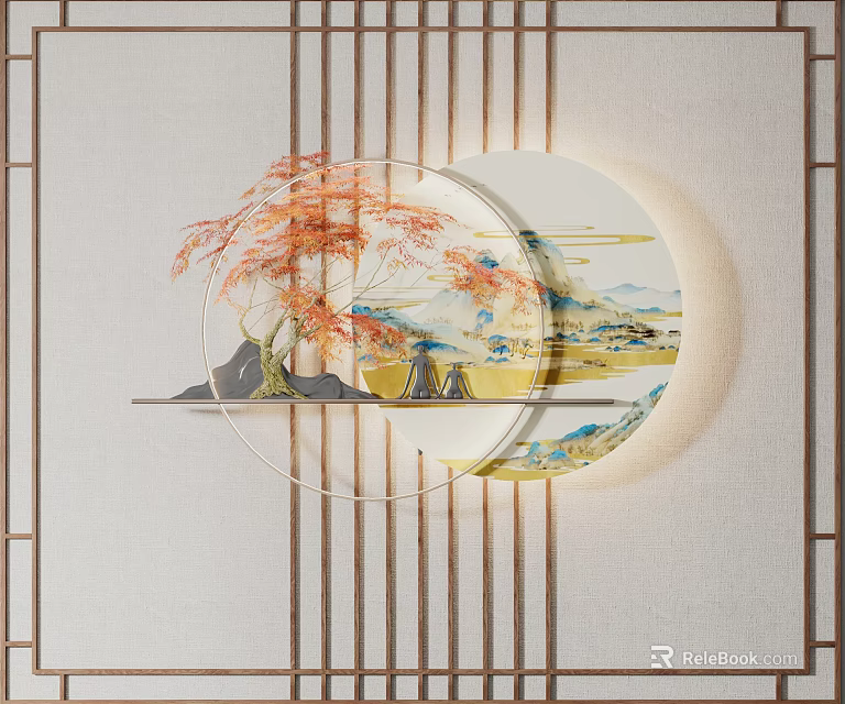Chinese Style Wall Decor Featuring Circular Frame Red Maple Tree And Landscape Design 3d model