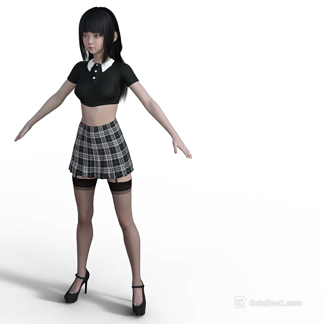 Woman in Black Short Sleeved Top and Plaid Skirt with Thigh High Stockings and High Heels 3d model 
