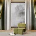 Elegant Green Curtains with White Sheer Panels in Room Featuring Scenic Misty Trees View