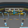 4S Car Showroom Interior with Blue Yellow Cars Shelves and Bright Lighting