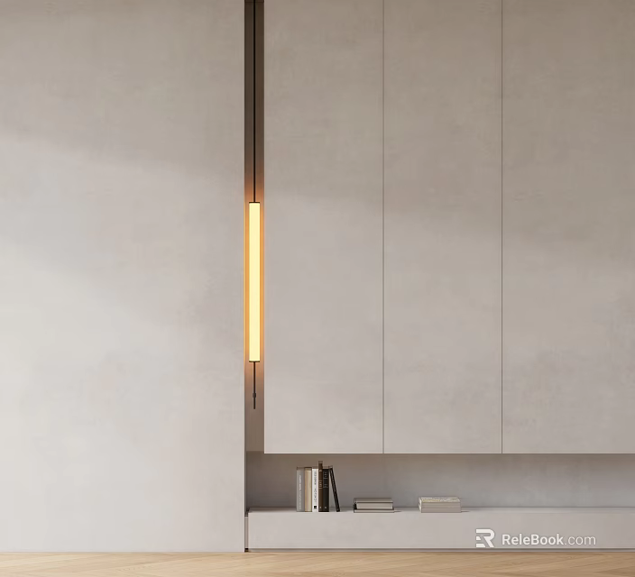 Modern Minimalist Wall Lamp with Warm Light Mounted on Indoor Wall Beside Simple Bookshelf 3d model 
