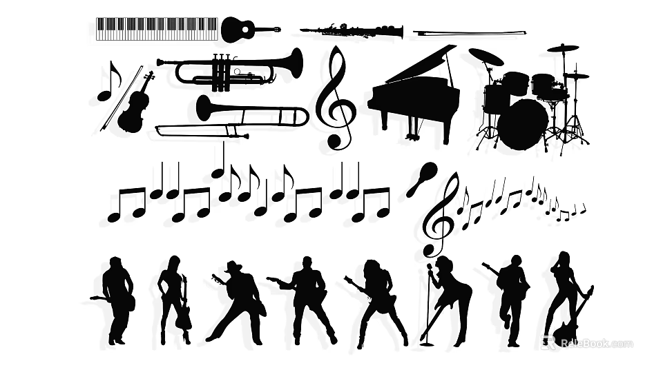 Musical Instruments Musicians And Music Notes Silhouettes With Performance Scenes 3d model