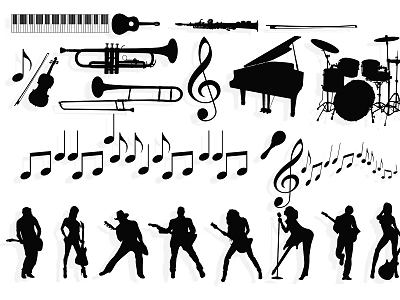Musical Instruments Musicians And Music Notes Silhouettes With Performance Scenes 3d model