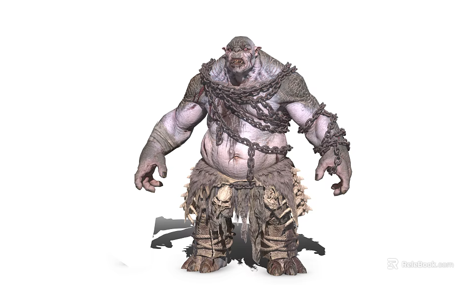 Brutal Giant Game Movie Character With Muscular Body Chains Bone Armor And Tattered Fur 3d model 
