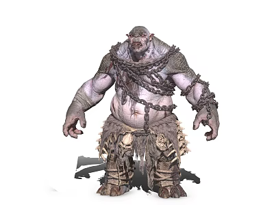 Brutal Giant Game Movie Character With Muscular Body Chains Bone Armor And Tattered Fur 3d model