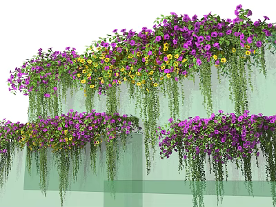 Lush Purple And Yellow Flowers With Hanging Vines Decorating Green Wall 3d model
