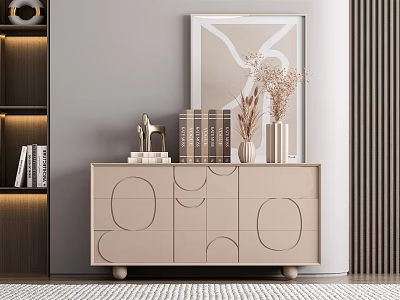 Beige Entryway Console Cabinet With Geometric Patterns Decorative Books Vase Dried Flowers And Framed Artwork 3d model