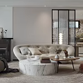 Elegant Modern Living Room Interior With Beige Curved Sofa Marble Coffee Table And Decorative Vases
