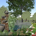 Tranquil Natural Landscape With Stone Fountain Green Plants Reflective Pool Lush Trees And Blue Sky
