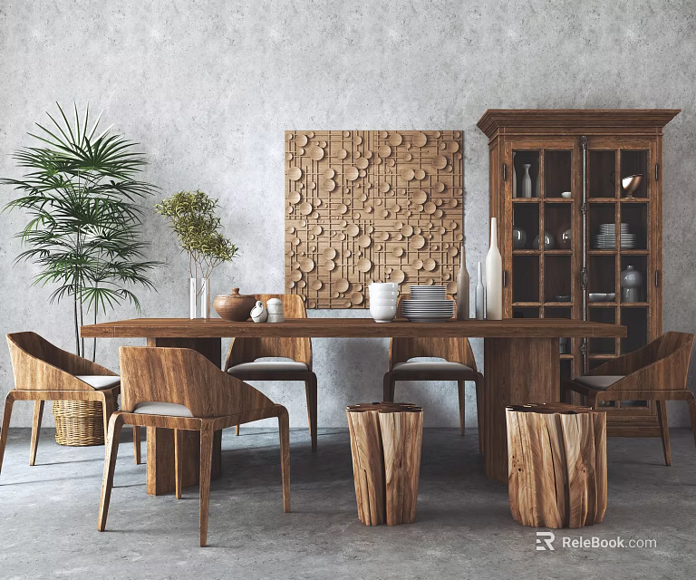 Rustic Wooden Dining Table Set With Chairs Stools Decorative Panel Green Plants And Gray Wall 3d model