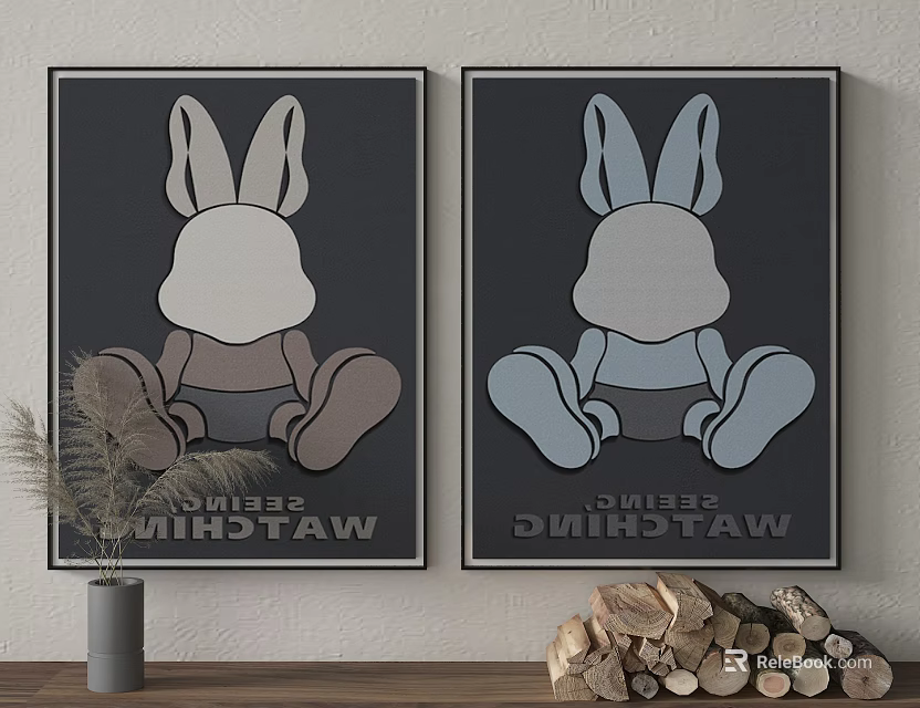Two Rabbit Silhouette Wall Posters With Brown Blue Tones And Watching Text 3d model
