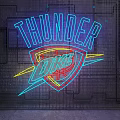 Neon Decorative Light with Thunder Text OKC Shield Logo and Basketball Elements on Grid Background 3d model
