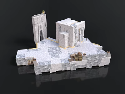 Stone Building Model With White Gray Geometric Structure And Decorative Platform Base 3d model