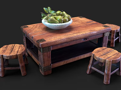Rustic Wooden Outdoor Table With Matching Stools And Fruit Bowl On Top 3d model
