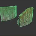 Two Curved Wooden Stone Objects With Green And Gold Textured Surfaces