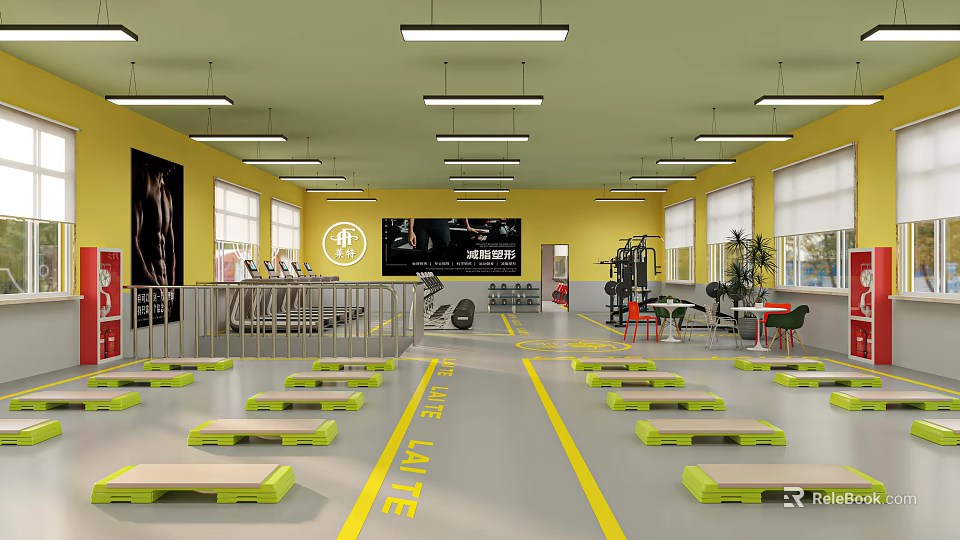 Modern Fitness Gym Interior Featuring Yellow Walls Gray Floor Green Exercise Steps And Fitness Equipment 3d model 