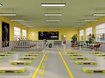 Modern Fitness Gym Interior Featuring Yellow Walls Gray Floor Green Exercise Steps And Fitness Equipment 3d model