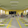 Modern Fitness Gym Interior Featuring Yellow Walls Gray Floor Green Exercise Steps And Fitness Equipment