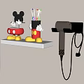 Bathroom Accessories with Wall Mounted Shelf Mickey Shaped Storage and Silver Hairdryer Holder