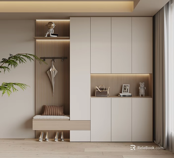 Modern Interior Shoe Cabinet With Bench Pillow Hanger Green Plant And Decorative Items 3d model 