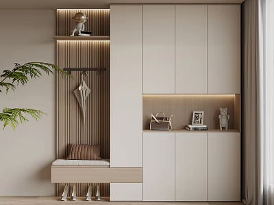 Modern Interior Shoe Cabinet With Bench Pillow Hanger Green Plant And Decorative Items 3d model