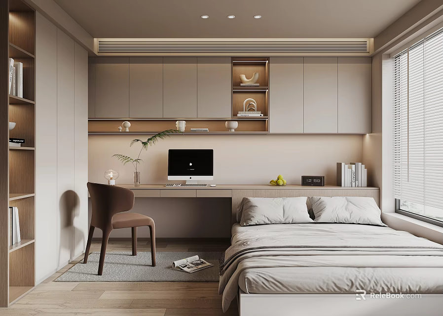 Minimalist Tatami Bedroom Interior With Bed Desk Computer Bookshelf And Window 3d model 