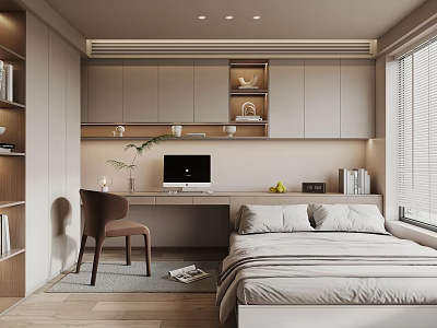 Minimalist Tatami Bedroom Interior With Bed Desk Computer Bookshelf And Window 3d model